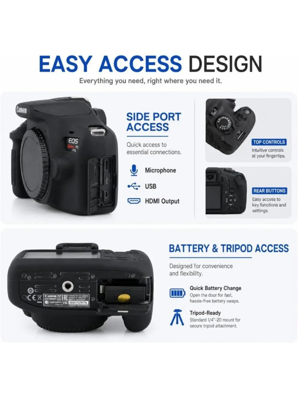 Soft Silicone Camera Case Cover for Canon EOS Rebel T7/T6 - Anti-Scratch, Screen